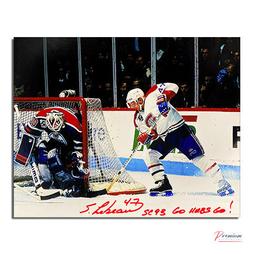 Stephan Lebeau Montreal Canadiens Signed 8x10 Photograph Wrap Around Vs. Ranford w/ SC 93 Go Habs Go Inscription