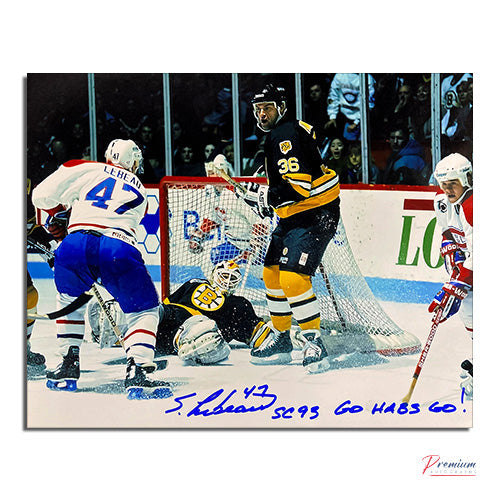 Stephan Lebeau Montreal Canadiens Signed 8x10 Photograph Crashing the Net w/ SC 93 Go Habs Go Inscription