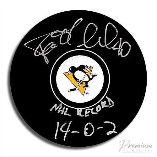 Patrick Lalime Pittsburgh Penguins Signed Puck w/ NHL Record 14-0-2 Inscription