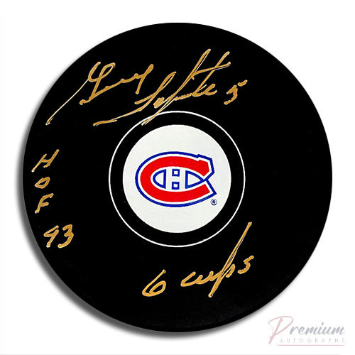 Guy Lapointe Montreal Canadiens Signed Puck w/ 6 Cups & HOF 93 Inscription