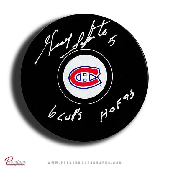 Guy Lapointe Montreal Canadiens Autographed Puck w/ 6 cups & hof 93 Inscriptions