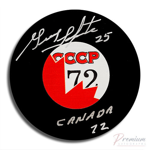 Guy Lapointe Canada Signed Puck w/ Canada 72 Inscription