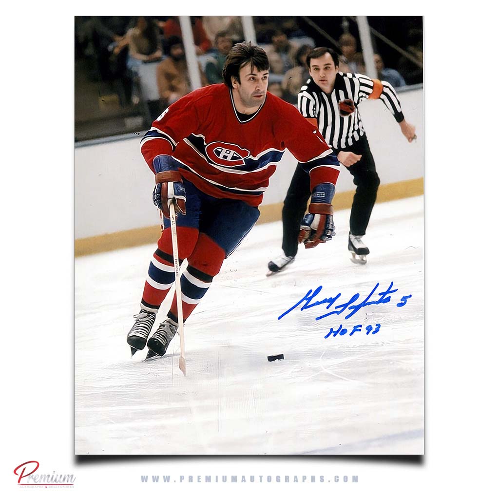 Guy Lapointe Montreal Canadiens Signed 8x10 Photograph With the Puck w/ HOF 93 Inscription