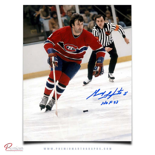 Guy Lapointe Montreal Canadiens Signed 8x10 Photograph With the Puck w/ HOF 93 Inscription