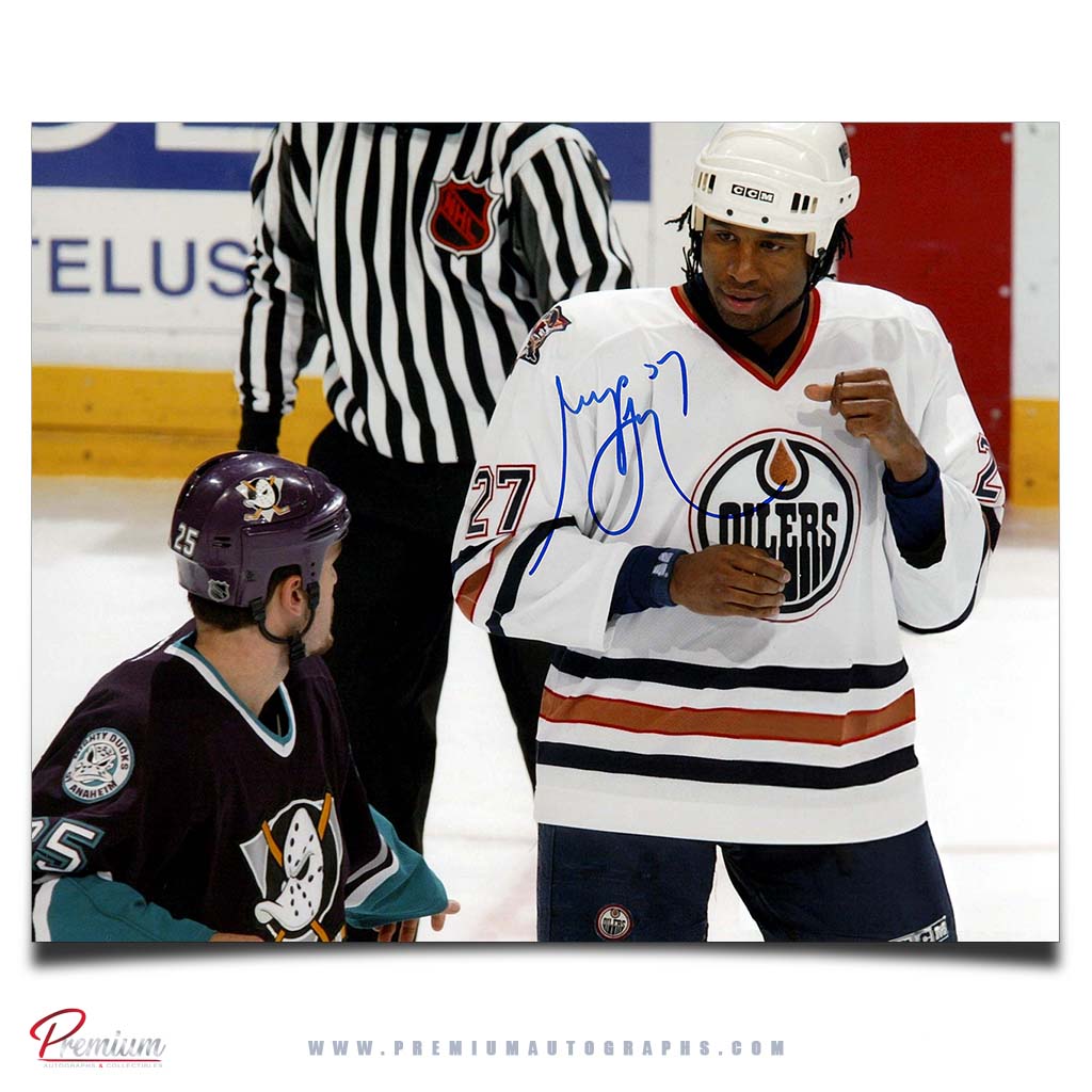 Georges Laraque Edmonton Oilers Autographed 8x10 Photograph Squaring off Vs. Ducks