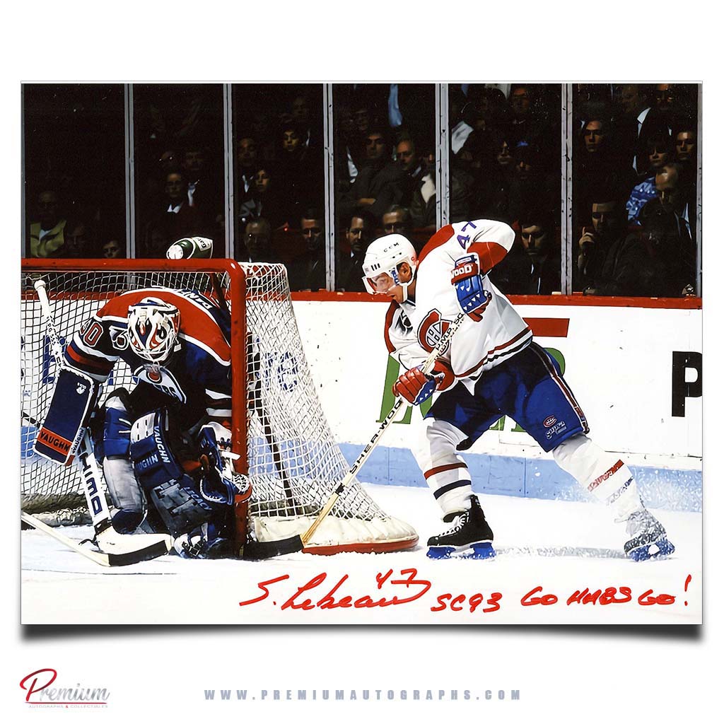 Stephan Lebeau Montreal Canadiens Signed 8x10 Photograph Wrap Around Vs. Ranford w/ SC 93 Go Habs Go Inscription