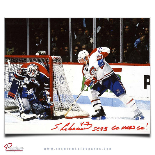 Stephan Lebeau Montreal Canadiens Signed 8x10 Photograph Wrap Around Vs. Ranford w/ SC 93 Go Habs Go Inscription