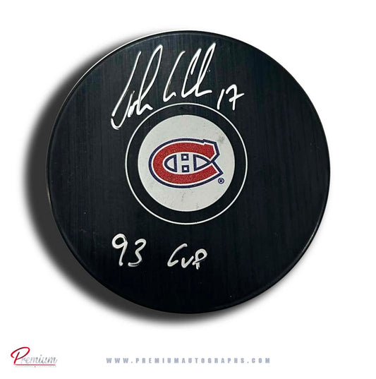 John LeClair Montreal Canadiens Autographed Puck w/ 93 Cup Inscription