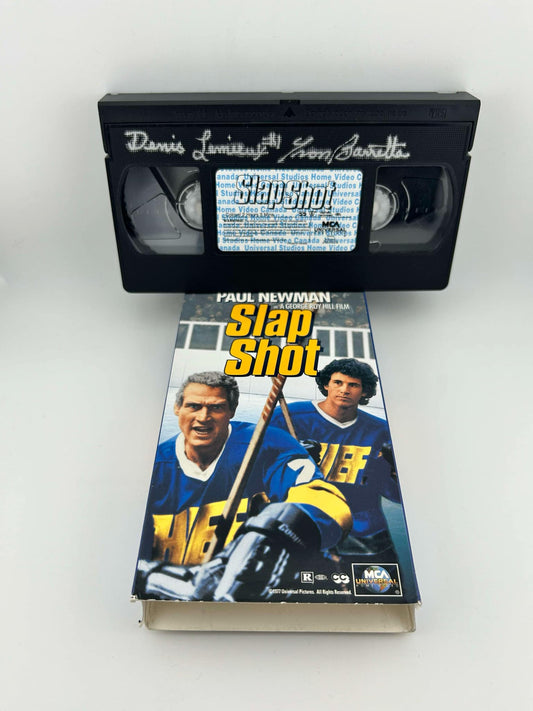 Denis Lemieux Universal MCA Slap Shot Autographed VHS Tape w/ Yvon Barette Inscription