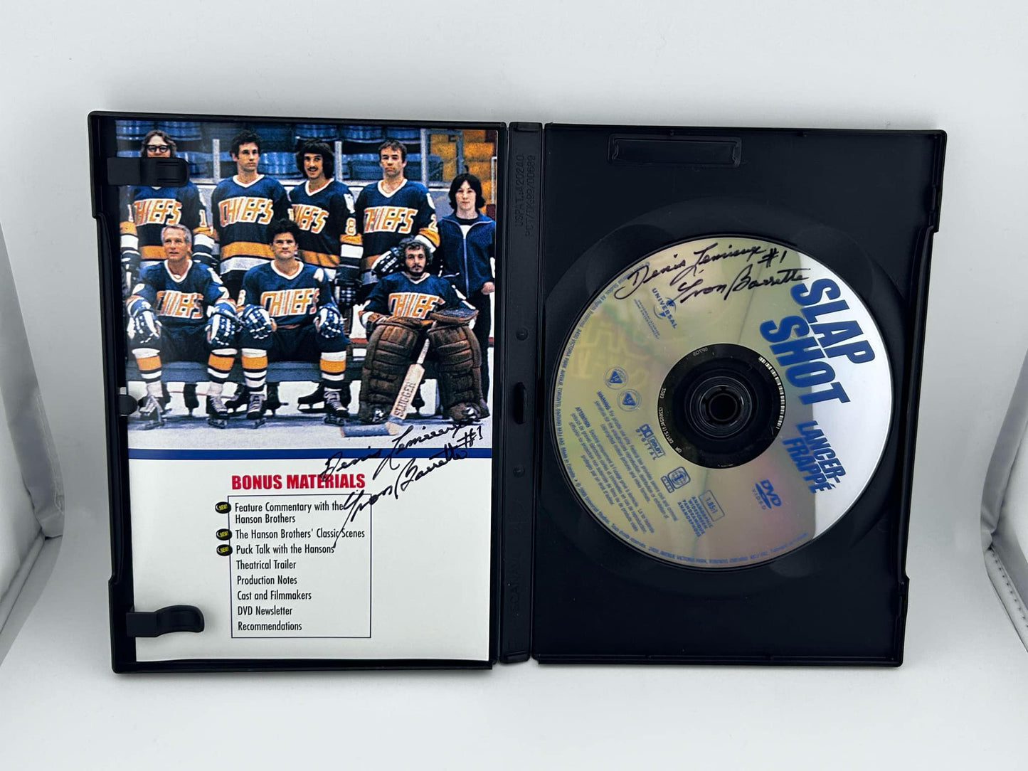 Denis Lemieux Universal Slap Shot Autographed DVD on DVD & Back Cover w/ Yvon Barette Inscription