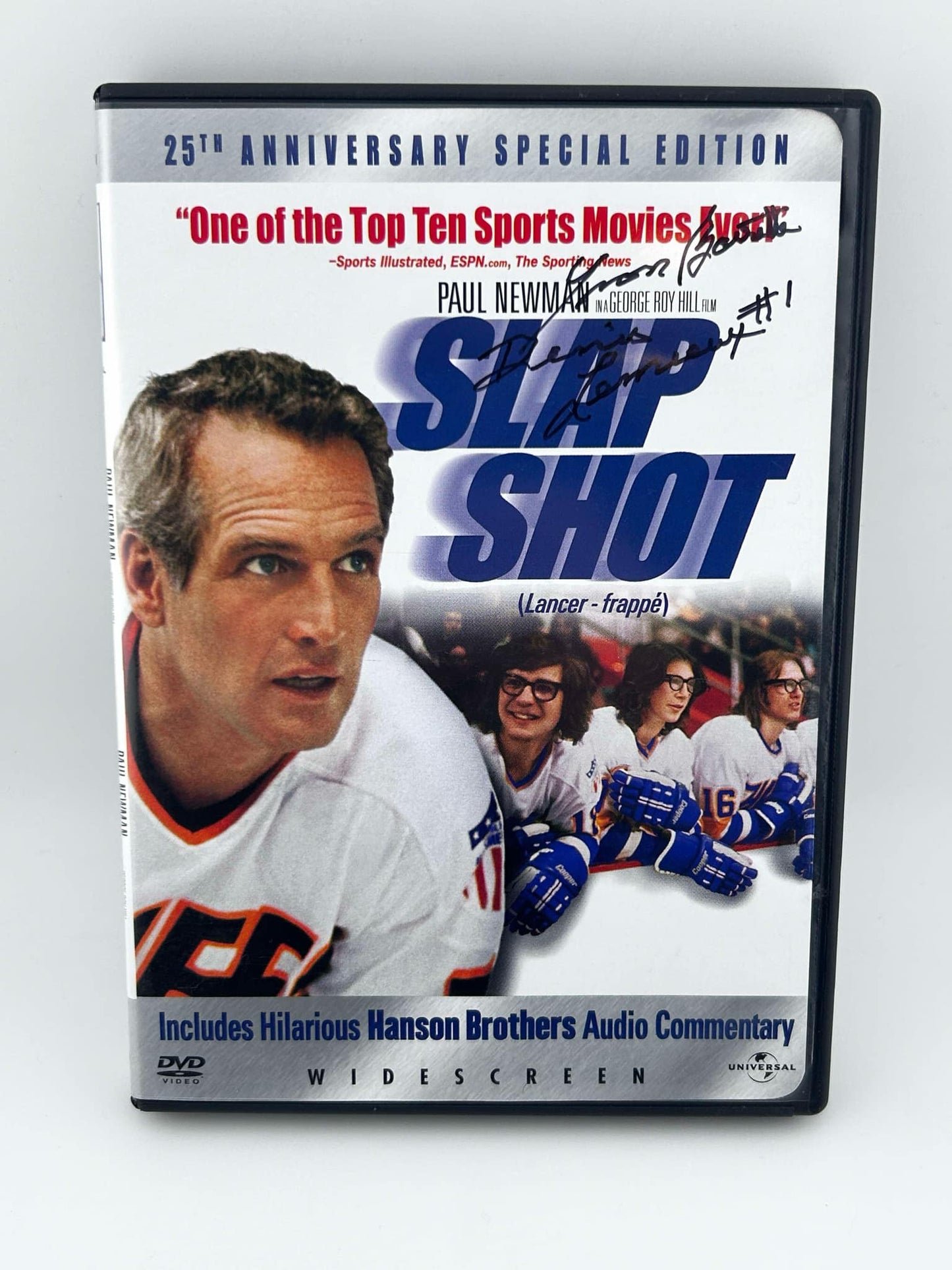 Denis Lemieux Universal Slap Shot Autographed DVD on Back Cover w/ Yvon Barette Inscription