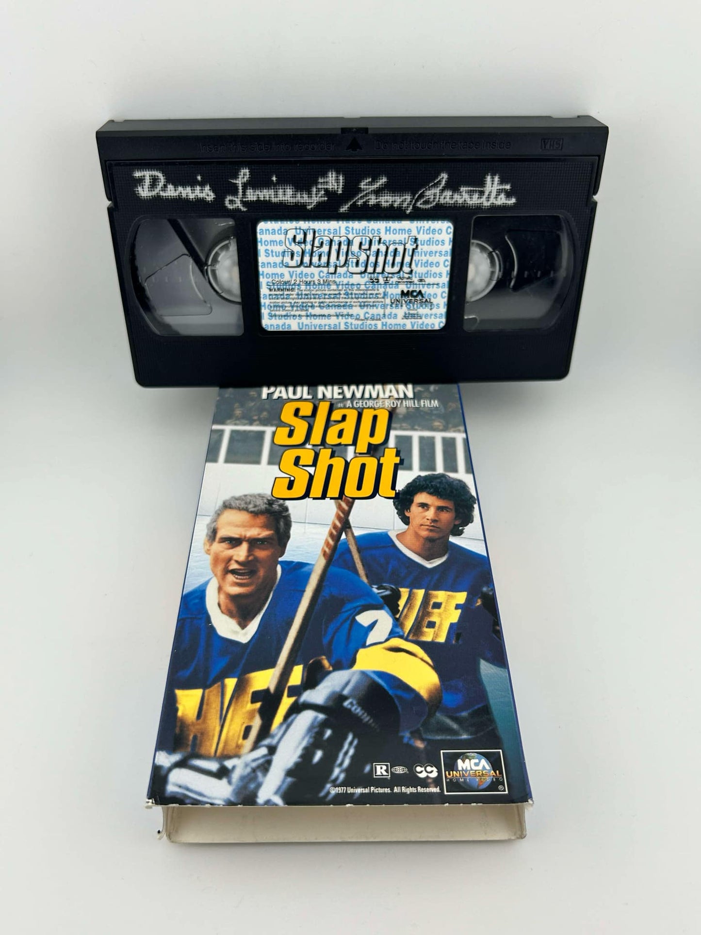 Denis Lemieux Universal MCA Slap Shot Autographed VHS on Tape w/ Yvon Barette Inscription