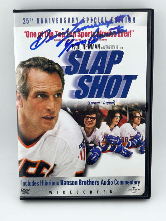 Denis Lemieux Universal Slap Shot Autographed DVD on Cover w/ Yvon Barette Inscription blue sharpie