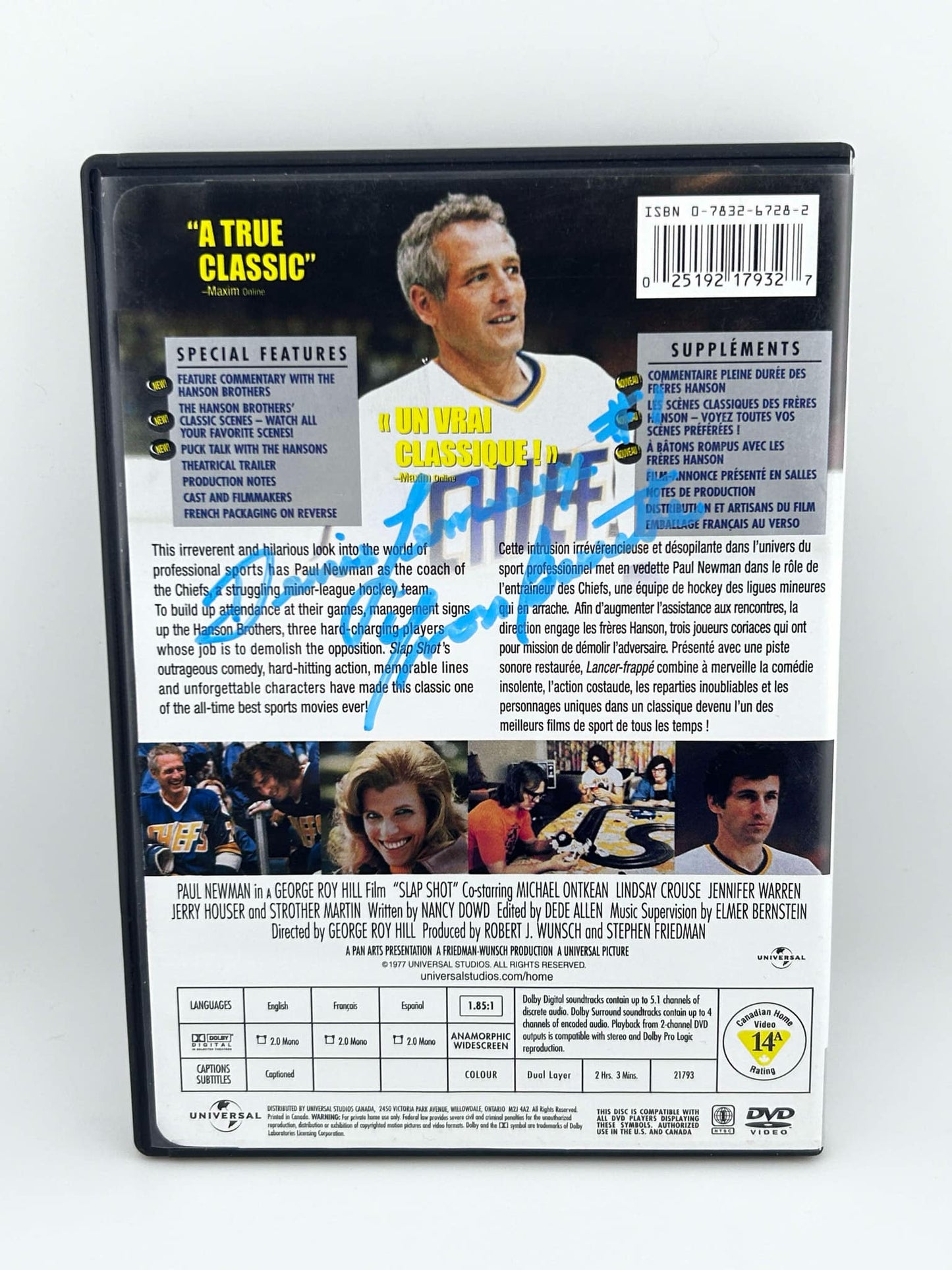 Denis Lemieux Universal Slap Shot Autographed DVD Back Cover w/ Yvon Barette Inscription