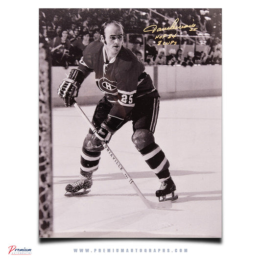 Jacques Lemaire Montreal Canadiens Signed 16x20 Photograph Infront of Net w/ HOF 84 & 8 Cups Inscriptions
