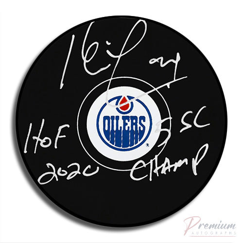 Kevin Lowe Edmonton Oilers Signed Puck w/ 5 Cups & HOF 2020 Inscription