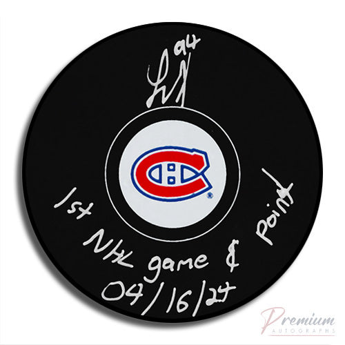 Logan Mailloux Montreal Canadiens Signed Puck w/ 1st Game & 1st point Inscription