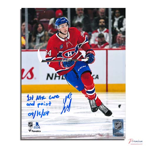 Logan Mailloux Montreal Canadiens Signed 8x10 Action w/ 1st NHL Game & Point Inscription