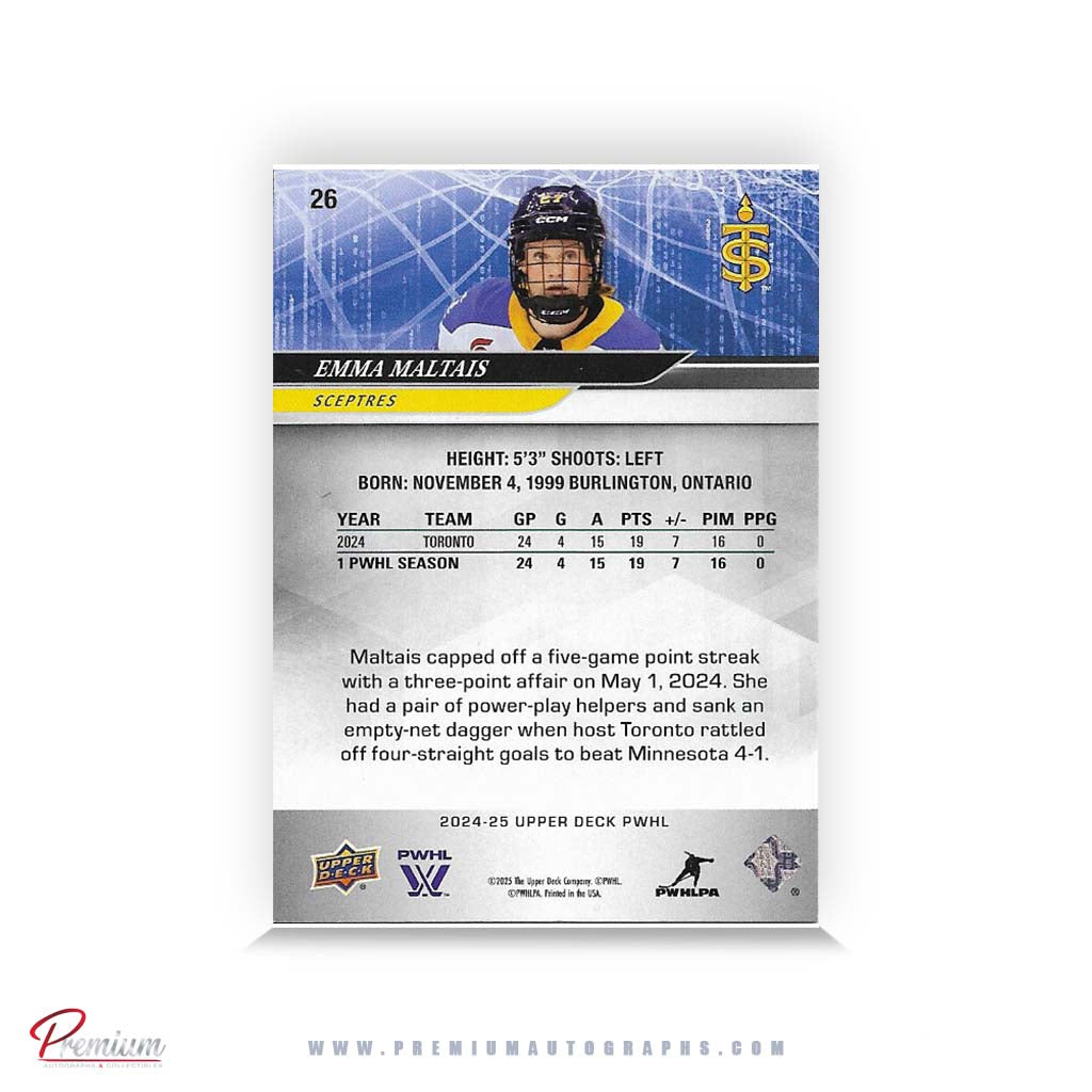 Emma Maltais Toronto Sceptres Autographed 2024-25 Upper Deck PWHL Hockey Card #26 Ltd /27 Nicknames  edn. w/ "Malts" Inscription