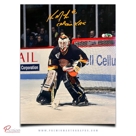 Krik McLean Vancouver Canucks Autographed 16x20 Against the Post w/ Captain Kirk Inscription