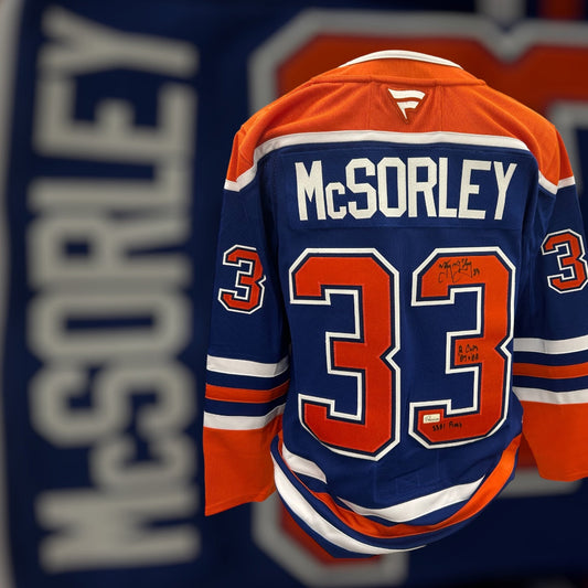 Marty MsSorley Edmonton Oilers Fanatics Autographed Jersey w/ 2 cups 87 + 88 & 3381 PIM Inscription