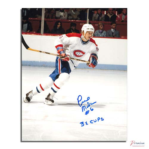 Pierre Mondou Montreal Canadiens Signed 8x10 Rush w/ 3x Cups Inscription (Blue Sharpie)