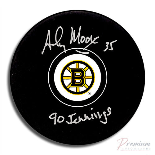 Andy Moog Boston Bruins Signed Puck w/ 90 Jennings Inscription