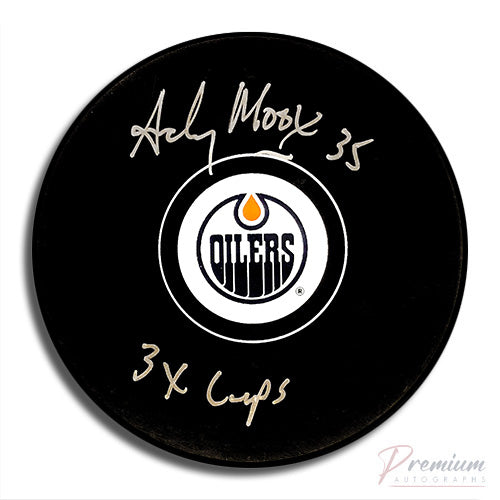 Andy Moog Edmonton Oilers Signed Puck w/ 3x Cups Inscription