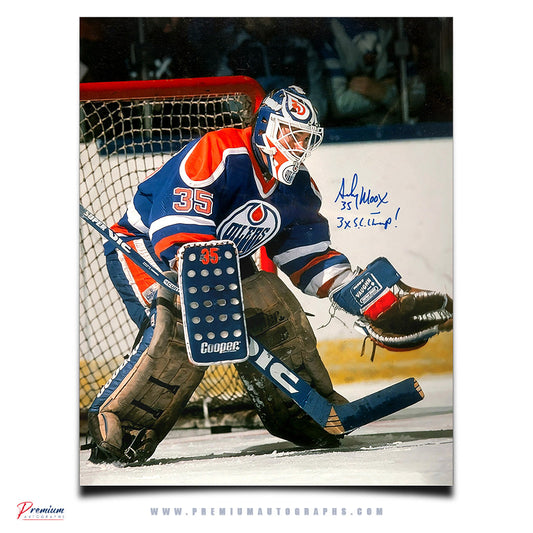 Andy Moog Edmonton Oilers Signed 16x20 Photograph w/ 3x S.C. Champ! Inscription