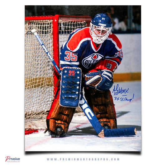 Andy Moog Edmonton Oilers Signed 16x20 Photograph Cooper Mask w/ 3x S.C. Champ! Inscription