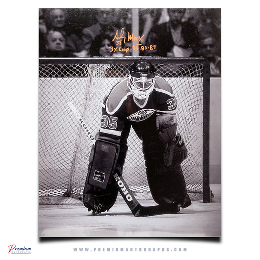 Andy Moog Edmonton Oilers Signed 16x20 Photograph Intense w/ 3x cup 84-85-87 Inscriptions