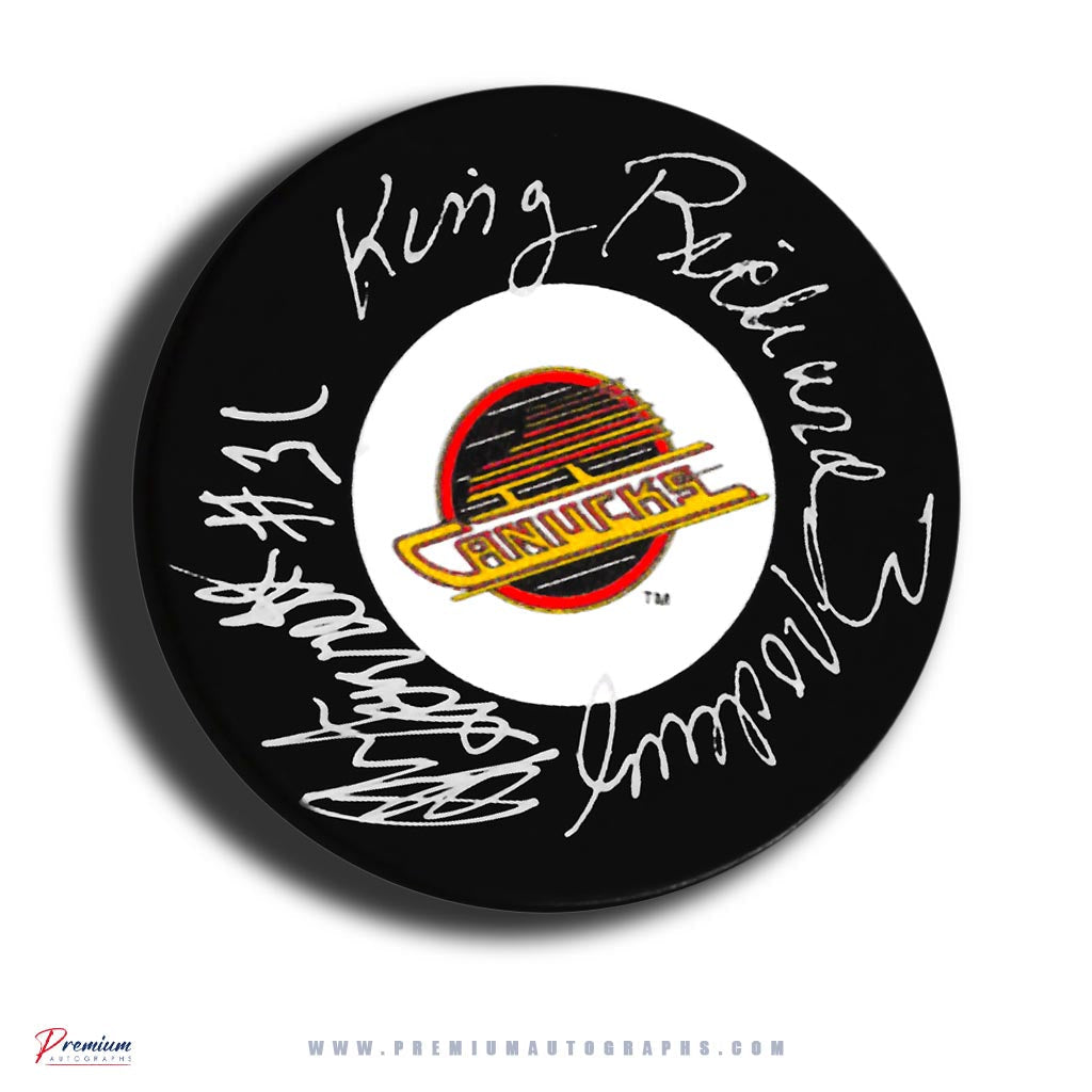 John Garrett & King Richard Brodeau Vancouver Canucks Signed Puck