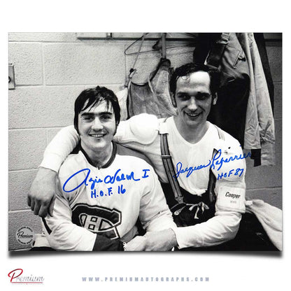 Rogie Vachon & Jacques Laperriere Montreal Canadiens Signed 8x10 Photograph Post Game Locker Room w/ HOFInscription