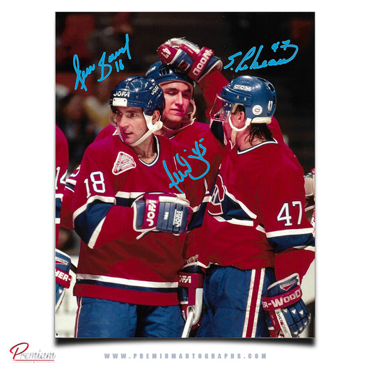 Danis Savard, Stephen Lebeau, Gilbert Dionne Montreal Canadiens Autographed 8x10 Photograph Goal Celebration