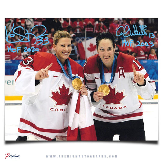 Caroline Ouellette & Kim St-Pierre Team Canada Signed 8x10 Photograph Olympic Gold Medal w/ HOF Inscriptions