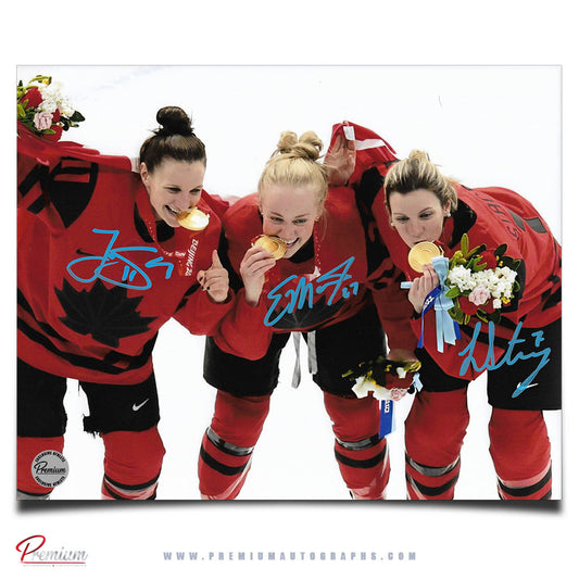 Jill Saulnier, Emma Maltais & Laura Stacey Team Canada Autographed 8x10 Photograph Olympic Gold Medal Celebration