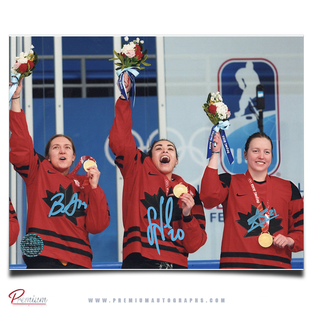 Brianne Jenner, Sarah Nurse, & Ashton Bell Team Canada Autographed 8x10 Photograph Gold Medal Celebrartion