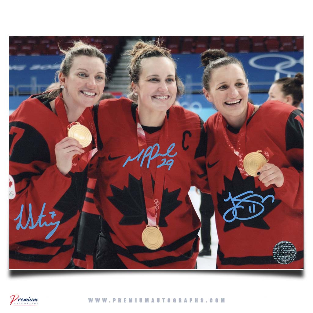 Laura Stacey, Marie-Philip Poulin & Jill Saulnier Team Canada Autographed 8x10 Photograph Gold Medal Celebration