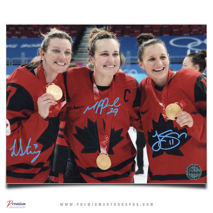Laura Stacey, Marie-Philip Poulin & Jill Saulnier Team Canada Autographed 8x10 Photograph Gold Medal Celebration