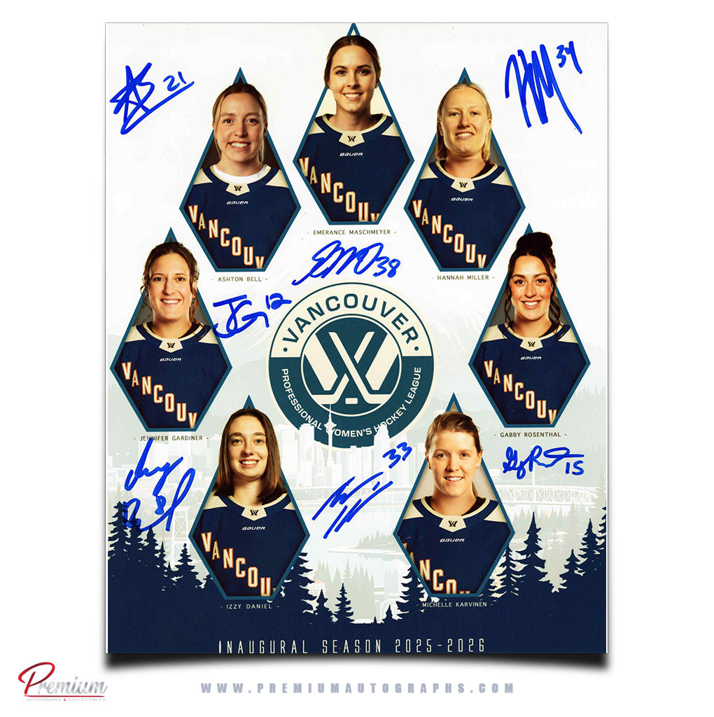 Emerance Maschmeyer, Michelle Karvinen, Jennifer Gardiner, Ashton Bell, Hannah Miller, Gabby Rosenthal, & Izzy Daniel Vancouver Goldeneyes PWHL Autographed 8x10 Photograph