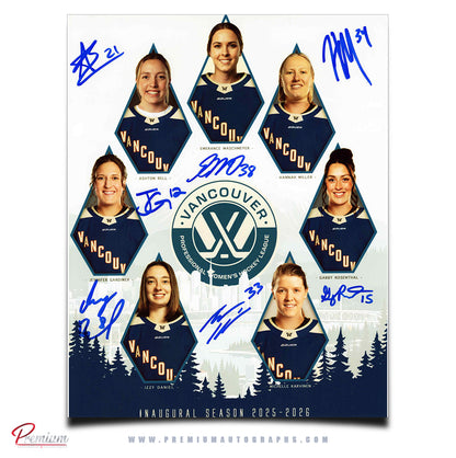 Emerance Maschmeyer, Michelle Karvinen, Jennifer Gardiner, Ashton Bell, Hannah Miller, Gabby Rosenthal, & Izzy Daniel Vancouver Goldeneyes PWHL Autographed 8x10 Photograph