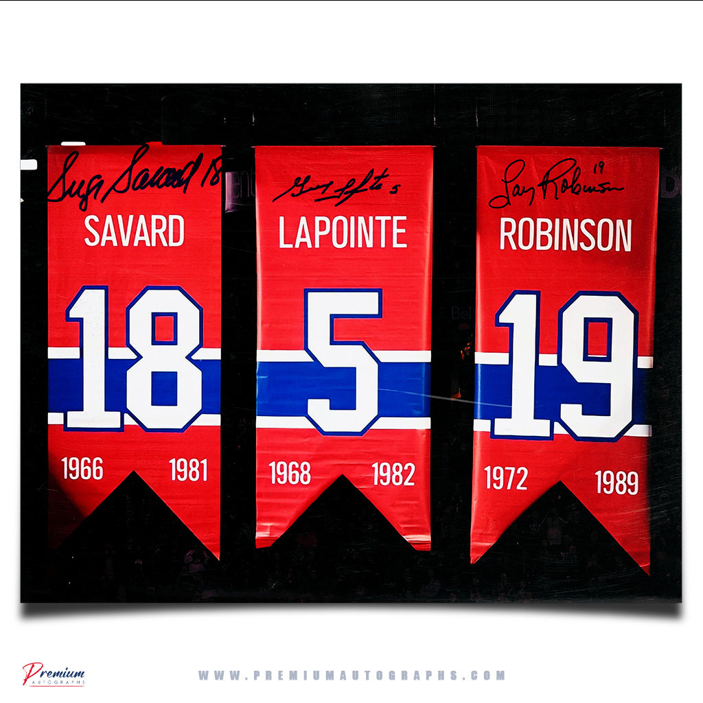 Serge Savard, Guy Lapointe & Larry Robinson Montreal Canadiens Signed 11x14 Photograph Number Retirement Banners