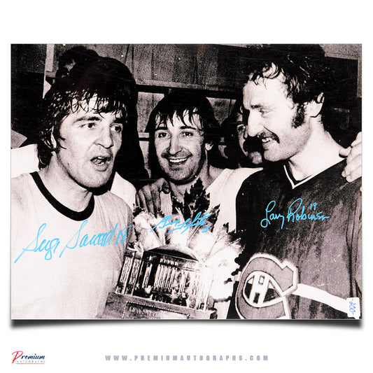 Serge Savard, Guy Lapointe & Larry Robinson Montreal Canadiens Signed 11x14 Photograph BIG 3 with the Conn Smythe Trophy