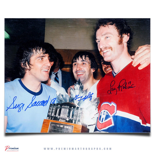 Serge Savard, Guy Lapointe & Larry Robinson Montreal Canadiens Signed 11x14 Photograph BIG 3 with the Conn Smythe Trophy