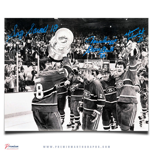 Serge Savard, Jacques Lemaire, Steve Shutt, Yvon Lambert Montreal Canandiens Signed 11x14 Photograph, Stanley Cup Celebration