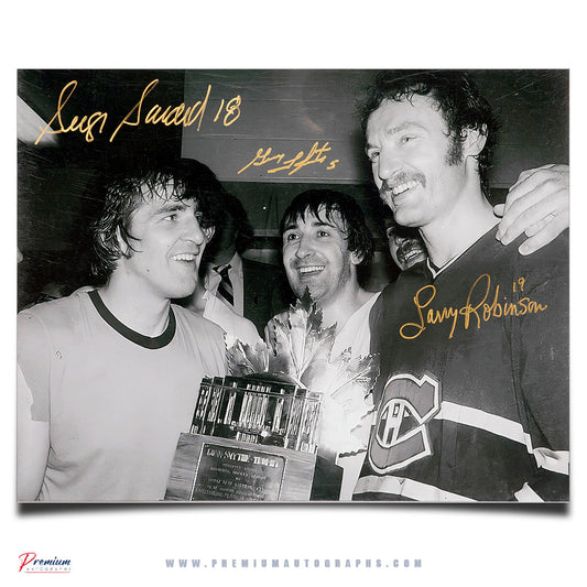 Serge Savard, Guy Lapointe & Larry Robinson Montreal Canadiens Signed 11x14 Photograph BIG 3 with the Conn Smythe Trophy