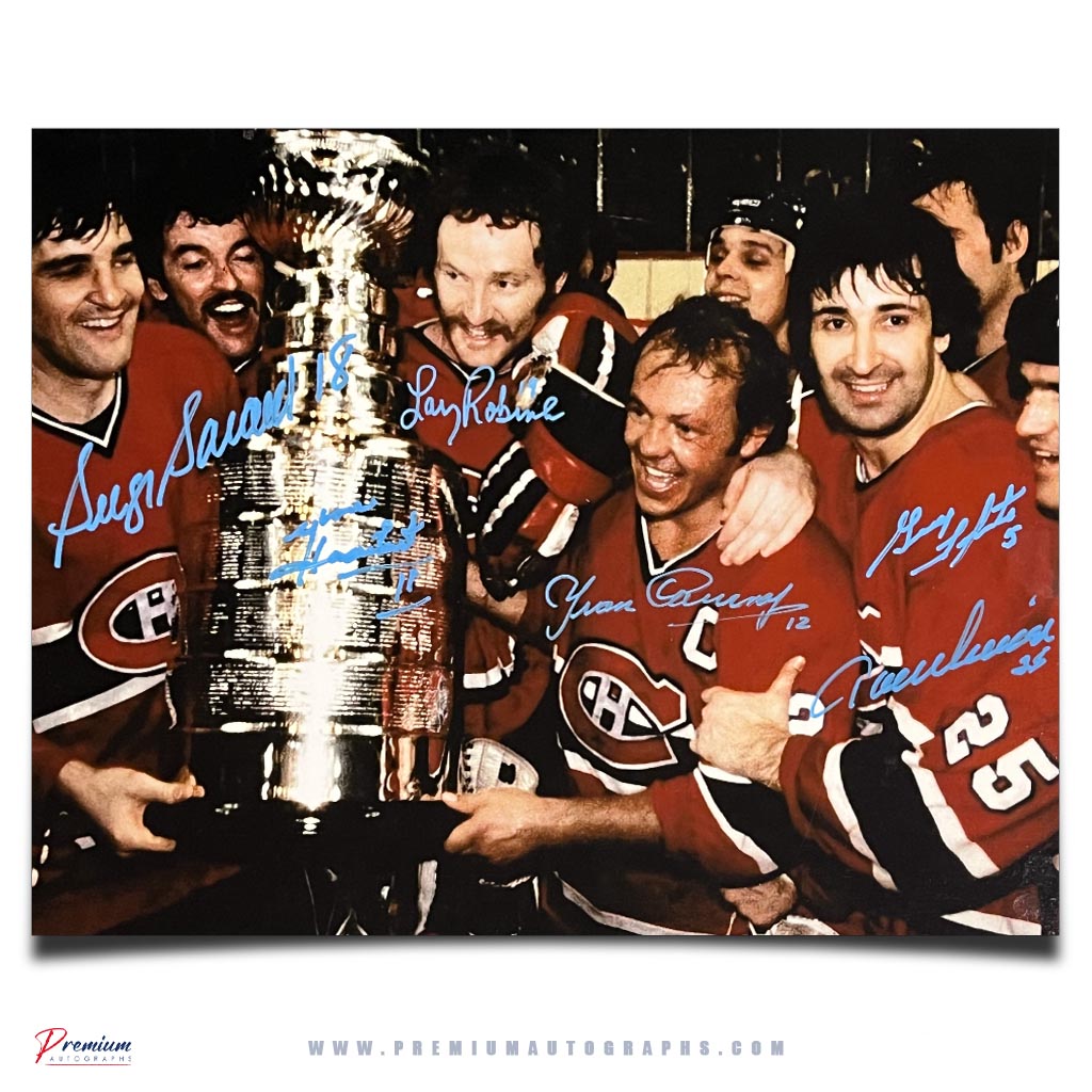 Serge Savard, Yvon Lambert, Larry Robinson, Yvan Cournoyer, Guy Lapointe & Jacque Lemaire Montreal Canadiens Signed 11x14 Photograph, Stanley Cup Celebration