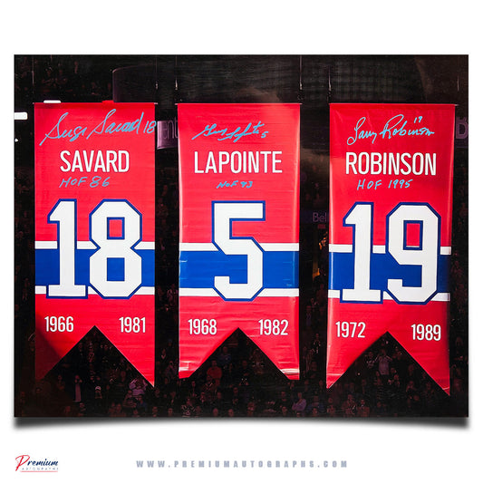 Serge Savard, Guy Lapointe & Larry Robinson Montreal Canadiens Signed 16x20 Photograph Number Retirement Banners w/ 3 HOF Inscriptions