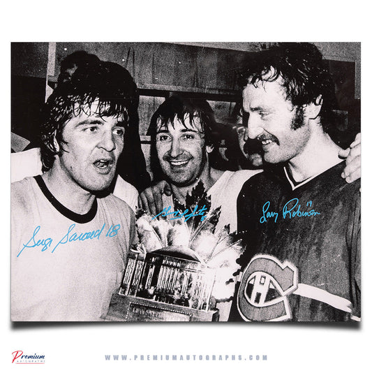 Serge Savard, Guy Lapointe & Larry Robinson Montreal Canadiens Signed 16x20 Photograph BIG 3 with the Conn Smythe Trophy