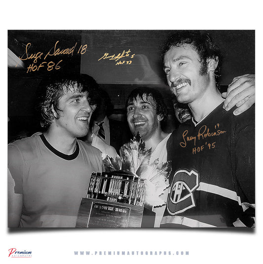 Serge Savard, Guy Lapointe & Larry Robinson Montreal Canadiens Signed 16x20 Photograph BIG 3 with the Conn Smythe Trophy w/ 3 HOF Inscriptions